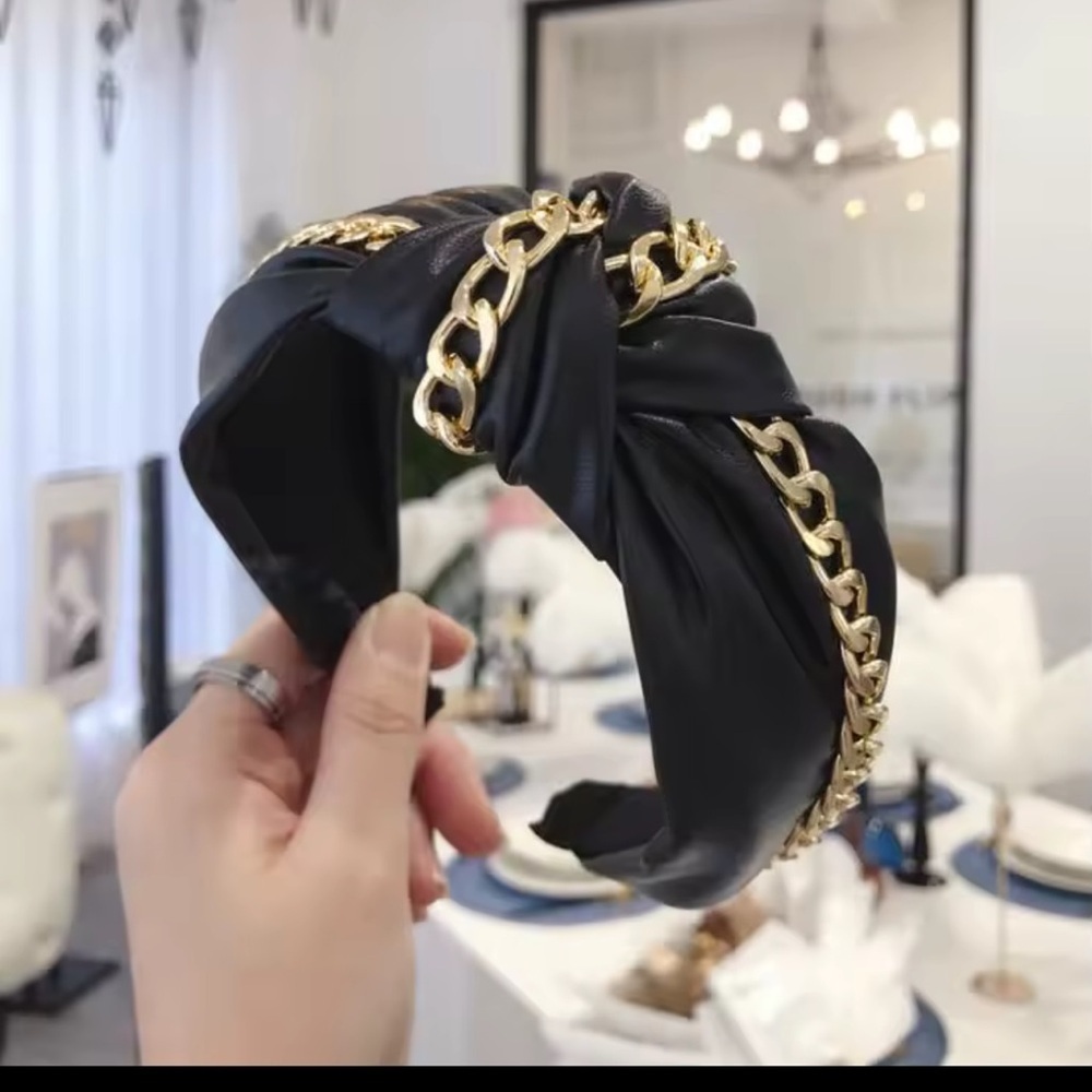 PU Leather Wide Side Headband Shining Gold Chain Headwear Casual Hair Accessorie - Picture 4 of 6